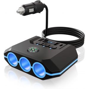 7 in 1 Allume Cigare USB C,4 Ports 120W Multi Prise Chargeur Allume Cigare,Prise Allume Cigare 12V/24V,Chargeur Voiture USB Affichage du Tension par LED pourTablette,Phone,GPS,Dash Cam - Neuf