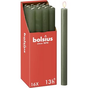 Rustik Lot de 16 bougies à tige - Vert olive - Longueur : 13 heures - Sans parfum - Cire végétale naturelle - Sans goutte - Sans huile de palme - 27 x 2,3 cm - Neuf