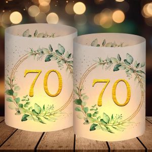 KALANKA-Lot de 12 photophores décoratifs de table pour 70 ans - Eucalyptus - Décoration 70e anniversaire - Cadeau pour 70e anniversaire - Décoration de table Happy Birthday - Vert - Convient pour bou - Neuf