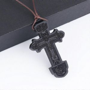 Crucifix Orthodoxe J&eacute;sus Pendentif Colliers Pour Hommes Noir &Eacute;b&egrave;ne Bois Croix Collier R&eacute;glable En Cuir Corde Cha&icirc;nes Bijoux De Pri&egrave;re - Neuf