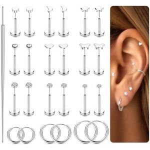 Kal-12 Pi&egrave;ces Boucles D'oreilles Sans Filet Avec Dos Plat, Acier Chirurgical Inoxydable, Argent, Boucles D'oreilles Cartilage, Bijoux Piercing Helix - Neuf