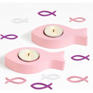 Kalanka-2pcs Porte-Bougie 4cm Forme De Poisson Bougeoir Rose En Bois Chandelier Avec Confetti Poisson Décoration De Table Ornement De Communion Cadeau De Baptême - Neuf