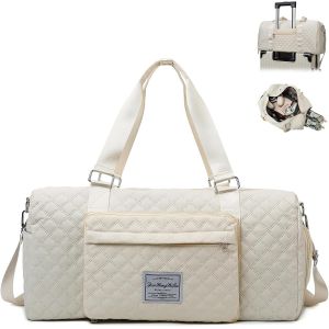 KALANKA-Sac de Voyage Pliable de Grande Capacité 51 x 24 x 25 cm Étanche Sac de Sport Femme Bagage Cabine Sac Polochon Sac à Main avec Compartiment Chaussures et Poche Humide Séparé Sac Weekend, Blan - Neuf