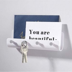 Support mural polyvalent pour courrier avec 4 crochets à clés, étagère de rangement adhésive pour trieur de courrier et porte-clés pour cuisine, maison, bureau, entrée, porche (blanc) - Neuf