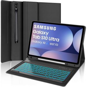 Coque Clavier Pour Samsung Galaxy Tab S10 Ultra 14,6'' 2024 - Azerty Français Rétroéclairé 7 Couleurs Clavier Détachable Sans Fil Bluetooth Pour Samsung S10 Ultra 14,6 Pouces, Noir - Neuf
