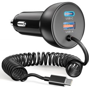TRAHOO-75W Allume Cigare USB C, 2-Port Prise Chargeur Voiture USB C/A Adaptateur 12V Charge Rapide + Spiral&eacute; C&acirc;ble 1.2M pour iPhone 17 16 16e 15 Pro Max, iPad, Samsung Galaxy S25 S24, Pixel, Automobi - Neuf