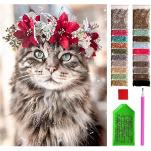 Ayuhr-Diamond Painting - Portrait De Chat Avec Une Couronne Florale - 30x40 Cm U2013 5d Peinture Diamant Painting, Tableau Diamant - Neuf