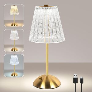 Lampe De Table Tactile Sans Fil, Petite Lampe De Table En Cristal Rechargeable &Agrave; Led 2000mah 3 Couleurs R&eacute;tro, &Eacute;clairage D'ambiance Pour Chambre Salle &Agrave; Manger Cuisine Bar D&eacute;coration D'int&eacute;rieur - Neuf