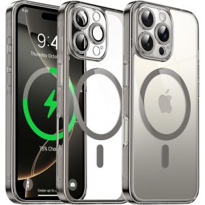 THEF-Coque Magnétique Transparente pour iPhone 16 Pro (6.3'') avec Objectif Film, [Compatible avec MagSafe] [Protection Antijaune & Antirayure & Antichoc] Etui Housse Dur avec Bord, Gris - Neuf
