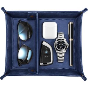 lbgwp60-Plateau En Pu Cuir, Organisateur De Rangement Plateau De Rangement Avec 2 Compartiments Pour Monnaie, Clé, Portefeuille Et Accessoire (Bleu Foncé) - Neuf