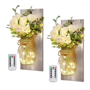 Lot De 2 Appliques Murales Rustiques En Forme De Bocaux Mason, Avec Guirlande Lumineuse Et T&eacute;l&eacute;commande. - Neuf