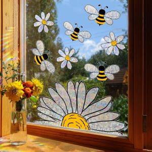 Trahoo-Stickers Fenêtre Enfant Abeill & Marguerites Prismatique (63x39 Cm) I Stickers Vitres Décoratifs Fleurs Animaux I Autocollant Fenêtre Chambre Bébé Enfant Fille & Garçon (Non Adhésif) - Neuf
