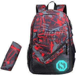 Promotion d'hiver,sac d'&eacute;cole sac &agrave; dos 20L sac d'&eacute;cole de mode avec &eacute;tui &agrave; crayons fluorescent (graffiti rouge et gris) - Neuf