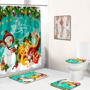 Ensemble de 4 rideaux de douche de Noël avec traîneau et bonhomme de neige, tapis antidérapants, housse d'abattant de WC et tapis de salle de bain, rideaux de douche de Noël avec 12 crochets de ride - Neuf