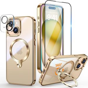 LORANKA-3 en 1 Coque pour iPhone 15 6.1"" [Coque Magn&eacute;tique Puissant pour MagSafe] [360&deg; CD Support Rolatif] [avec Protection Cam&eacute;ra & &Eacute;cran] Coque Antichoc &Eacute;lectroplaqu&eacute;e, Or - Neuf