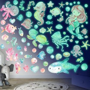 Eryi-Stickers Mural Lumineux Sirène, Monde Sous Marin Fluorescente Autocollant Muraux, Decoration Lumineuses Wall Stickers Enfant, Phosphorescentes Stickers Mural Pour Fille Chambre Salon Vert - Neuf