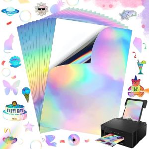 OUPP-20 Feuilles Papier Autocollant Holographique,A4 Film Transparent Imperméable Auto-Adhésif,Arc-En-Ciel Film Vinyle Holographique Papier,Pour Imprimante À Jet D'Encre Et Laser - Neuf