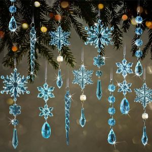18 Pi&egrave;ces D'Accrochage Acrylique Cristal Flocon De Neige Gla&ccedil;on Ornements, Des Merveilles D'Hiver De Cristal D&eacute;corations, D&eacute;corations D'Arbre De No&euml;l, Bleu - Neuf