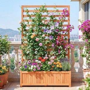 Jardini&egrave;re Sur&eacute;lev&eacute;e En Bois Costway Avec Treillis Vertical Pour Plantes Grimpantes, Doublure, Drainage, Panneau Amovible, Orange - Neuf