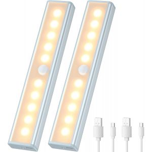 Lampe De Placard Sans Fil Détecteur De Mouvement 2pcs,Lumière Pour Armoire Avec Capteur Usb Rechargeable,Bande Magnétique Adhésive,10 Led Pour Escaliers/Chambre/Armoire - Neuf