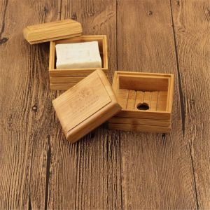 Lot de 2 boîtes à savon en bambou naturel avec couvercle pour salle de bain, porte-savon portable en bambou, vidage manuel simple et créatif - Neuf