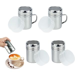 Lot De 4 Salières En Acier Inoxydable Avec Couvercle Et Poignée,Distributeur D'épices Avec Tamis À Mailles Fines Pour Sirop,Crème,Cappuccino Cuisine Pâtisserie - Neuf