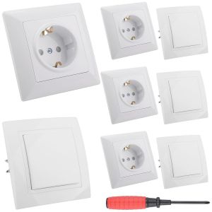 4 Pièces Prise Murale Encastrée et 4 Pièces Interrupteur Ou Va-et-Vient Prise Electrique Murale Simple Interrupteur D'éclairage Blanc avec Cadre avec Tournevis pour Chambre Cuisine-82x82 mm - Neuf