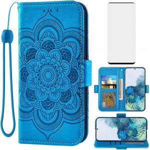 SJZG-Coque Pour Samsung Galaxy S20 Plus 5G Portefeuille Avec Verre Tremp&eacute; Et Porte Carte Chaine Pu Cuir &Agrave; Clapet Mandala &Eacute;tui Housse Support S20+ S 20 + 20+ Fleur Vitre T&eacute;l&eacute;phone Case Femme Bleu - Neuf