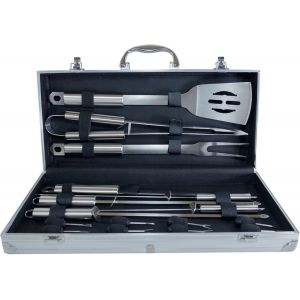 Ulteronixshop-Mallette Barbecue 16 Pi&egrave;ces - Ustensiles en Acier Inoxydable - Manche R&eacute;sistant - Spatule, Pince, Fourchette, Couteau, Brochettes - Coffret Transport - Neuf