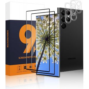 Lot De 2 + 2 Films De Protection D'&eacute;cran En Verre Blind&eacute; Pour Samsung Galaxy S24 Ultra 5g, 3d 0 Poussi&egrave;re Et Bulles Samsung S24 Ultra Film De Protection D'&eacute;cran Transparent Anti-Rayures S24 - Neuf