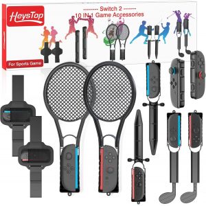 HEYSTOP Ensembles D'accessoires de Sport pour Manette Nintendo Switch 2 Kit D'accessoires de Jeu 10 en 1 avec Clubs de Golf, Raquettes de Tennis et Autres Accessoires de Sport pour Nintendo Switch 2 - Neuf
