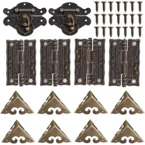 Lot de 2 loquets en bois pour coffre, coffre, loquet de verrouillage, charni&egrave;res d&eacute;coratives r&eacute;tro et protecteurs de coins avec vis - Neuf