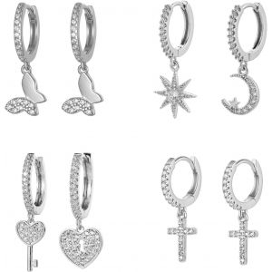 Kal-4 Paires Boucles D'oreilles Pour Femmes, Boucles D'oreilles Cr&eacute;oles Avec Breloque Zircone Cubique/Lune/&Eacute;toile/C?ur/Croix Pendantes, Boucles D'oreilles Pendantes En Or/Argent Pour Femmes - Neuf