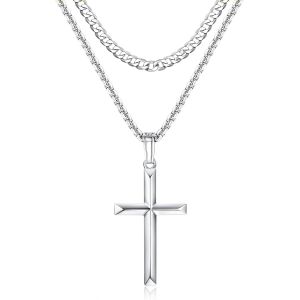 Kal-Croix Pendentif En Argent Sterling 925 Pour Homme Et Femme Avec Chaîne Cubaine En Acier Inoxydable De 5mm Et Chaîne En Boîte Collier Croix Or/Argent Pour Homme Bijoux 46-56cm - Neuf