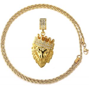 Kal-&iquest; Kings Landing &iquest; Collier &Agrave; Pendentif Couronne De Lion Plaqu&eacute; Or V&eacute;ritable 18k/Platine Pour Homme Diamants Artificiels Avec Cha&icirc;ne De Tennis/Queue De Requin/Cubaine/Corde Avec Bo&icirc;te-Cadeau - Neuf