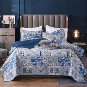 Ulteronixshop-Couvre-Lit 2 Personnes 240x260 cm, Couverture en Patchwork Courtepointe,Dessus de lit et Couvre Lits Bleu Luxe Style Nordique, Boutis - avec 2 Taies d'oreiller 50x90cm - Neuf
