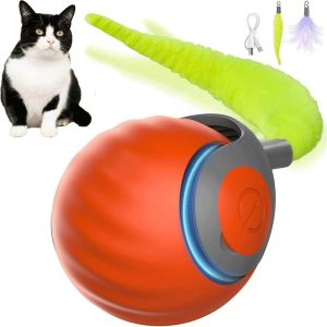 Jouet Interactif Pour Chats,Balle De Jouets Interactifs Pour Chats D'intérieur Avec Queue Duveteuse,Balle Roulante Automatique Pour Chat Et Chiens,Compatible Sols Et Moquettes,Orange - Neuf