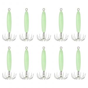 25g Lumineux Squid Jig Crochets - 10 Pcs Lueur Dans L'obscurité De La Seiche Manchon D'eau Salée Leurres Avec 12 En Acier Inoxydable Aiguilles, Vert - Neuf