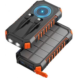 SJZG--Chargeur-Solaire-27000Mah-22,5W - Batterie Externe Sans Fil Avec C&acirc;bles Int&eacute;gr&eacute;s, Usb C Pd Qc 3.0 Charge Rapide Chargeur Portable Avec Lampe De Poche Led Pour T&eacute;l&eacute;phone, Tablette, Camping - Neuf