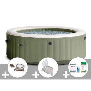 Kit spa gonflable Intex PureSpa Olive rond Bulles 4 places + Kit d'entretien + Porte-verre + Kit de traitement brome - Neuf