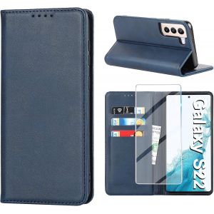 KALANKA-&Eacute;tui de protection pour Samsung Galaxy S22 5G avec film de protection en verre blind&eacute;, &eacute;tui de protection en cuir S22, compartiment pour cartes, fonction support, r&eacute;sistant aux chocs, &eacute;tui &agrave; - Neuf