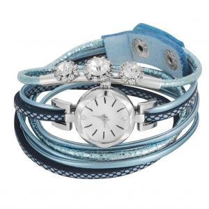 Femmes Strass Pu Strap Cadran Rond Quartz Bracelet Montre Montre-Bracelet (Bleu) - Neuf