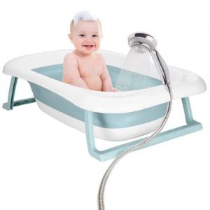 Springos&reg; Baignoire Pliante Pour B&eacute;b&eacute; Avec Thermom&egrave;tre Et Coussin 35 L, Blanc Et Bleu - Neuf