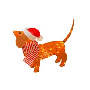 D&eacute;coration de No&euml;l ext&eacute;rieure en forme de teckel avec guirlande lumineuse LED - Statue de chien &agrave; piles - Neuf