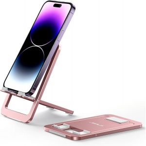 JGD-Support T&eacute;l&eacute;phone Portable, Support Pliable en Aluminium Ajustable Porte Smartphone Voyage Accessoires Bureau Compatible avec iPhone 16 15 14 13 Pro Max Samsung S24 S23 Ultra A53 Kindle-Rose - Neuf