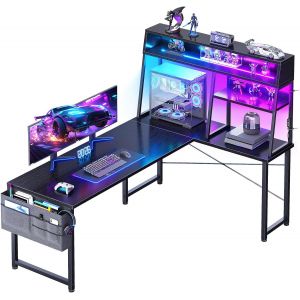 SUBZONAL-Bureau Gaming Angle avec LED, 130 &times; 100 cm Bureau Gaming R&eacute;versible avec &Eacute;tag&egrave;re Multiniveau, Table en L avec Sac de Rangement pour Bureau Domicile et Gaming, Noir - Neuf