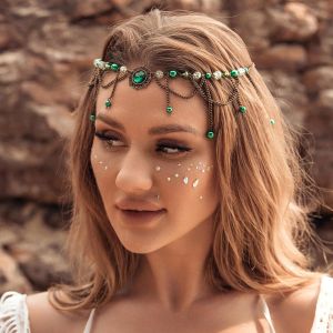 Tzf-Cha&icirc;ne De T&ecirc;te Boh&egrave;me Style Ctystal Avec Perles Vertes, Accessoire De Cheveux Vintage Pour Mariage Pour Femmes Et Filles - Neuf