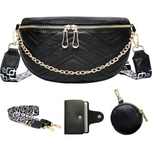 SJZG-Sac Banane Femme Chic Cuir Noir Poitrine Sacs Banane Fille Avec Porte-Cartes De Crédit - Neuf