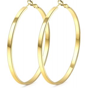 Kal-Boucles D'oreilles Cr&eacute;oles Pour Femmes En Argent 925 Post Cr&eacute;oles Hypoallerg&eacute;niques Plaqu&eacute;es Or 14k &Agrave; Gros Tube Creux Boucles D'oreilles Cr&eacute;oles 4mm En Argent Or 30/40/50/60/70mm - Neuf