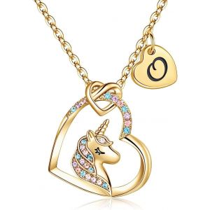 Kal-Collier De Licorne Pour Filles, Collier De Pendentif Coeur Plaqué En Or 14 Carats Pour Filles, Avec Cz Colorée Et Un Pendentif Coeur Initial - Neuf